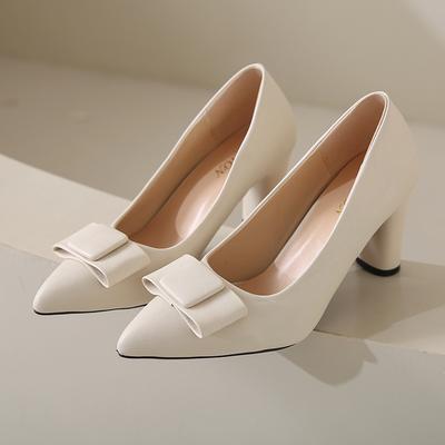 Fashion 2024 Spring Autumn New Fashionable Solid Color Pointed Bow Leather Surface Versatile Comfortable Large High Heels Single Shoes