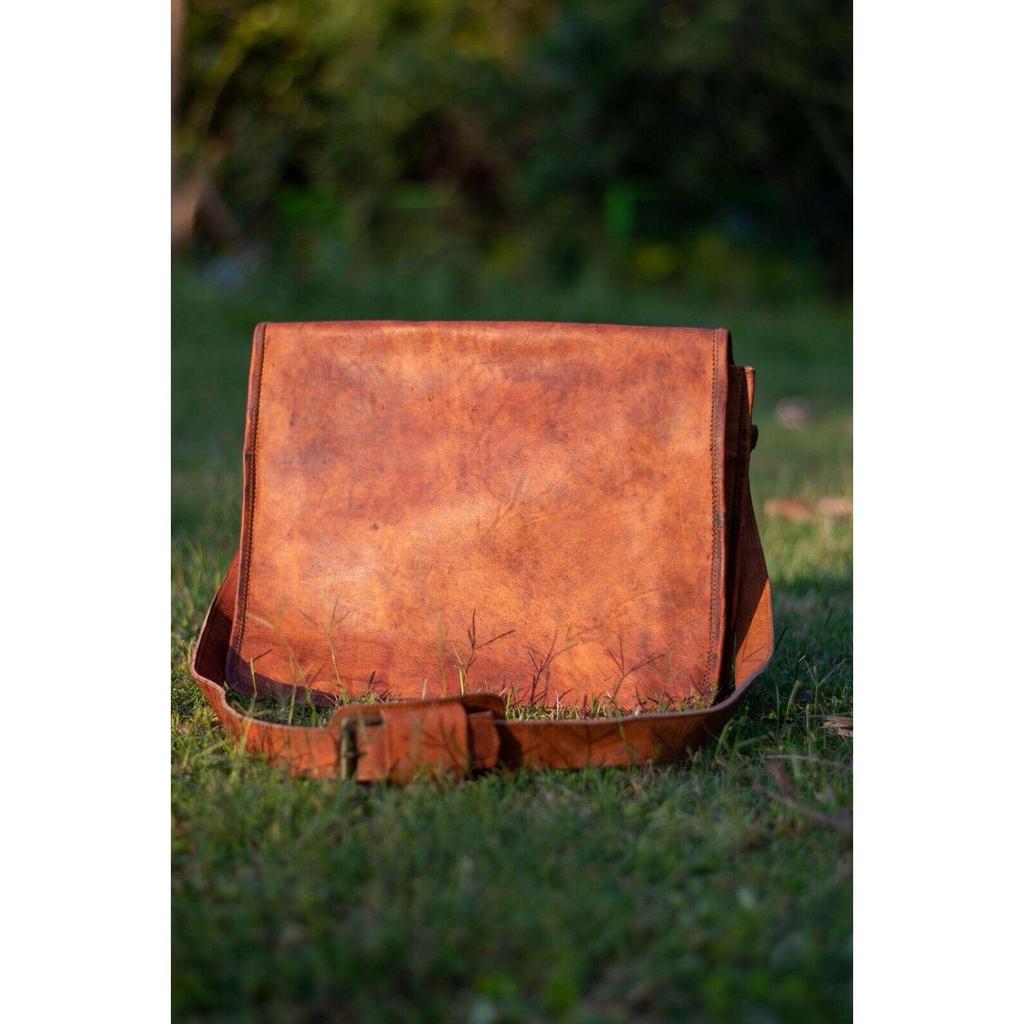 Vintage Genuine Goat Leather Brown Men's Laptop Shoulder Messenger Satchel Bag