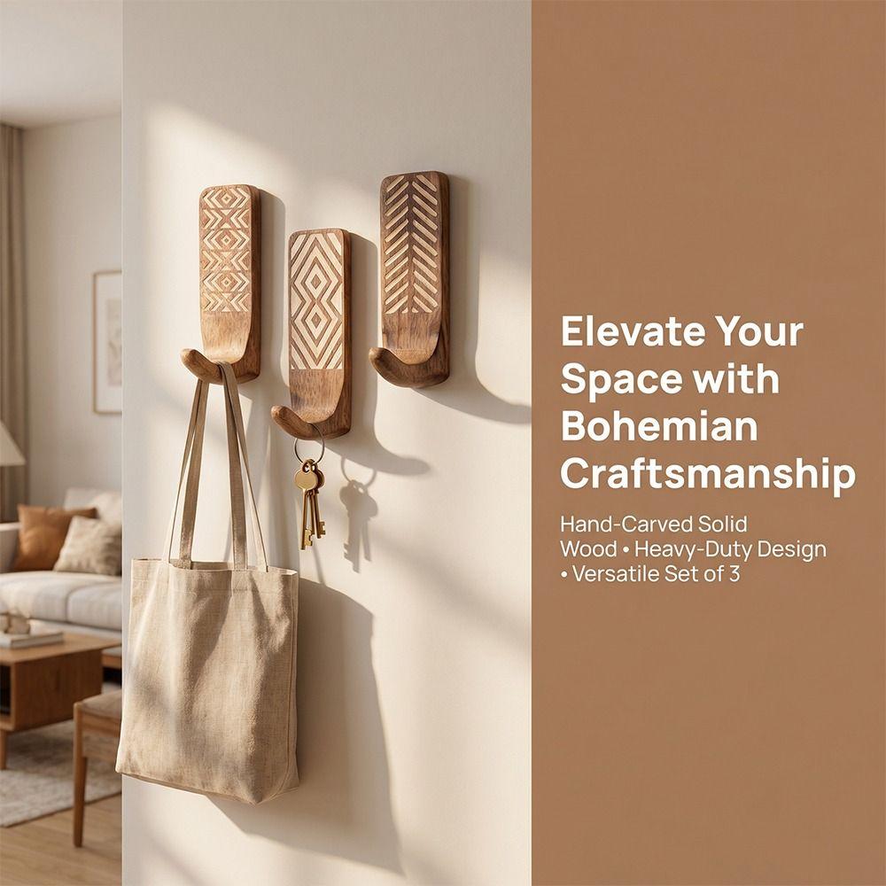 3pcs Wooden Wooden Wall Hooks Space Saving Home Organizer Heavy Duty Wall Hanging Hanger Porch