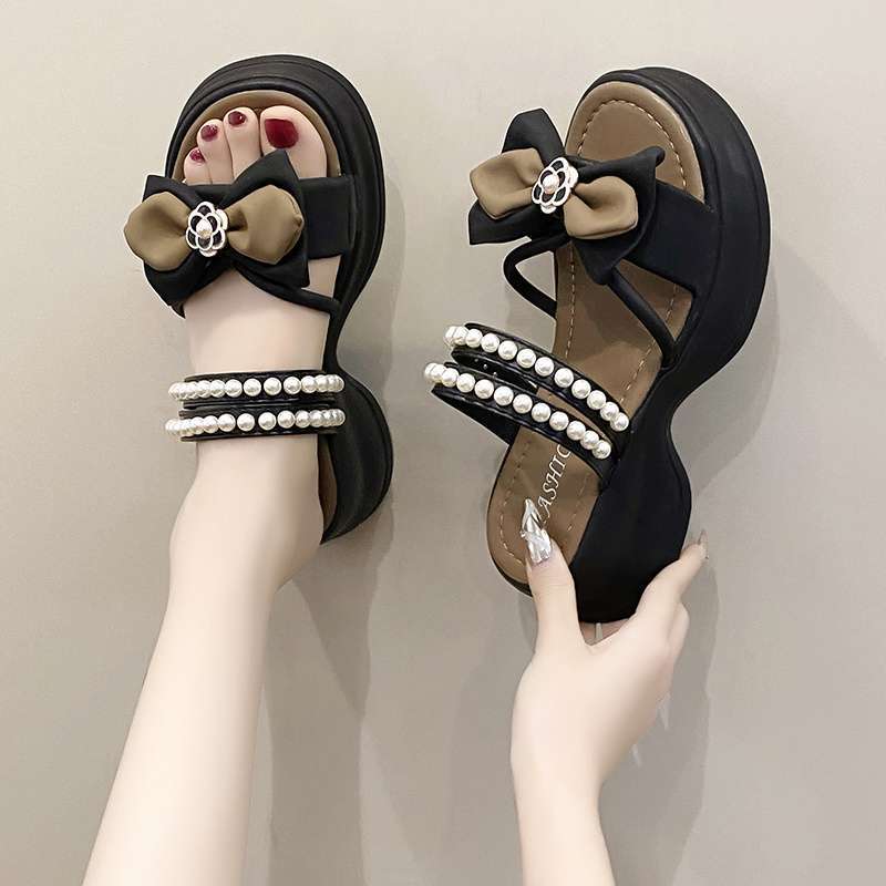 With skirts, pearl sandals, women's summer outer wear 2025 new bow thick sole height increase two wear Roman cool slippers