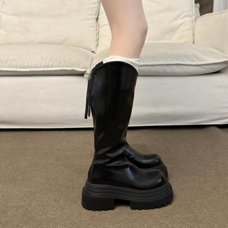 Móda Móda Punkový Styl Dámské Kozačky po Koleno Černé Zip Platforma Silný Podpatek Zimní Dámské Měkká Kůže Rytířské Kotníkové Boty