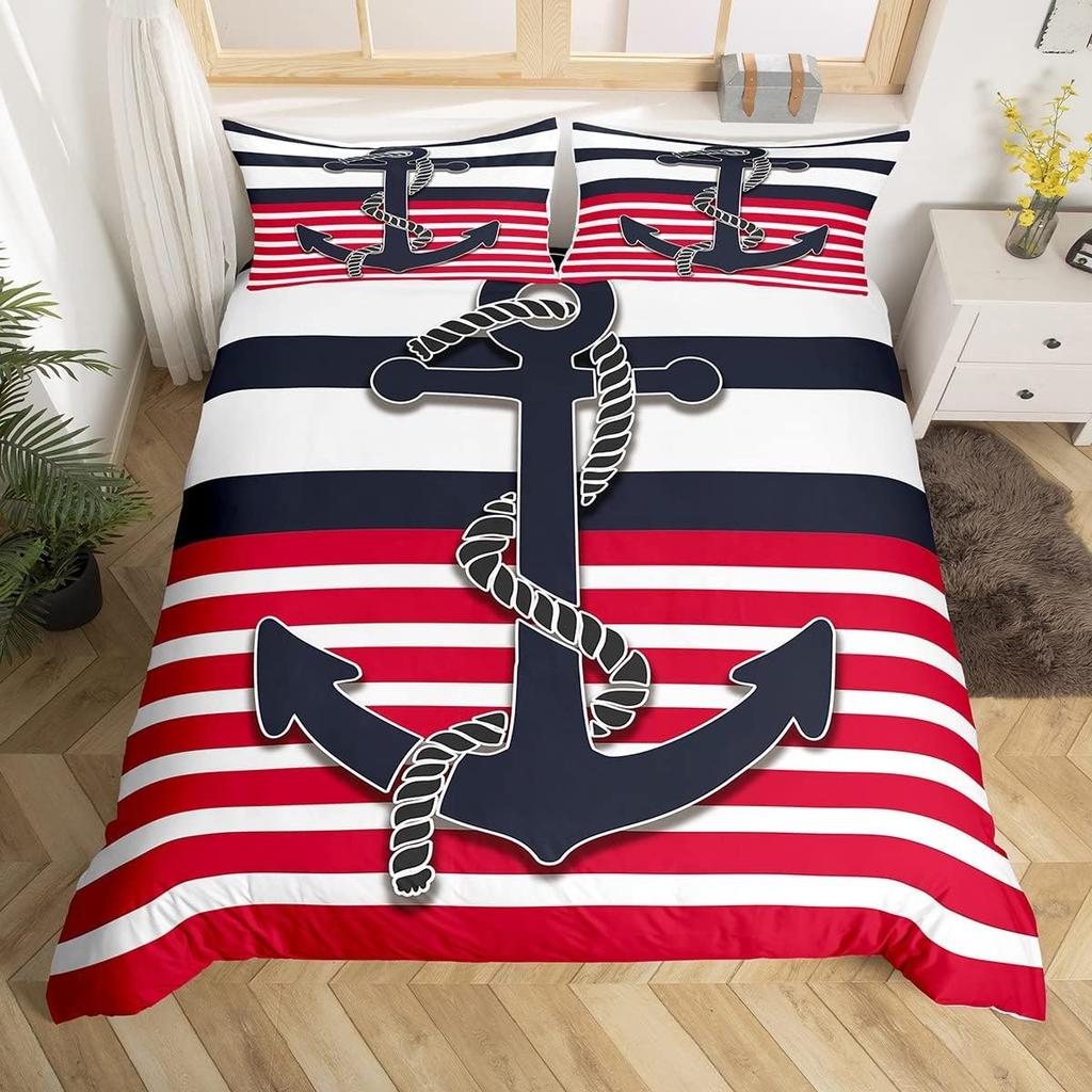 Nautical Anchor Duvet Cover,Geometric Stripes Anchor Bedding Set Twin For Boys Girls Room Decor,Ocean Adventure Comforter Cover