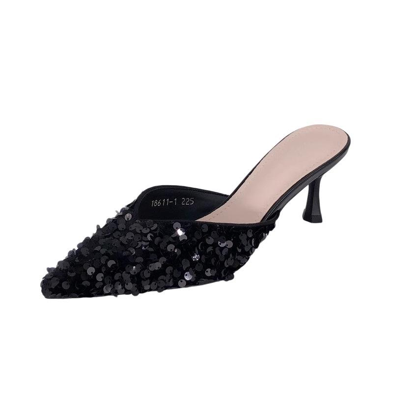 Baotou half slippers women's outer wear spring and summer new sequined pointed women's shoes medium heel casual slippers