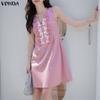 VONDA Summer Women O Neck Sleeveless Embroidery Casual Long Ruffled Tank Dress
