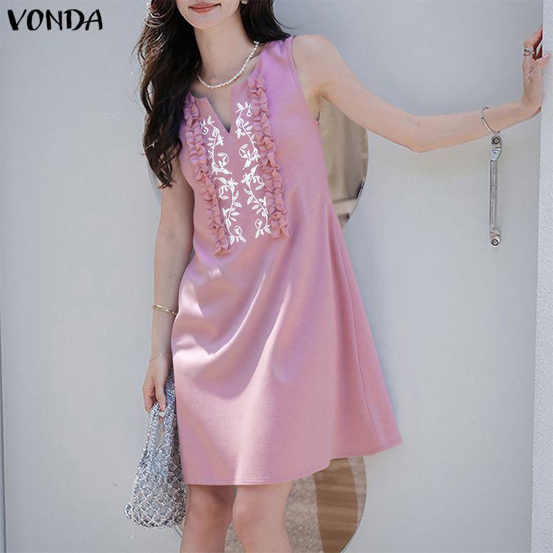 VONDA Summer Women O Neck Sleeveless Embroidery Casual Long Ruffled Tank Dress