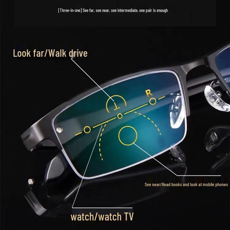 Herren Minimalistische Metall Halbrand Multifokale Brille mit Blaulichtfilter und Smart Zoom für Ferne und Nähe HD Lesen