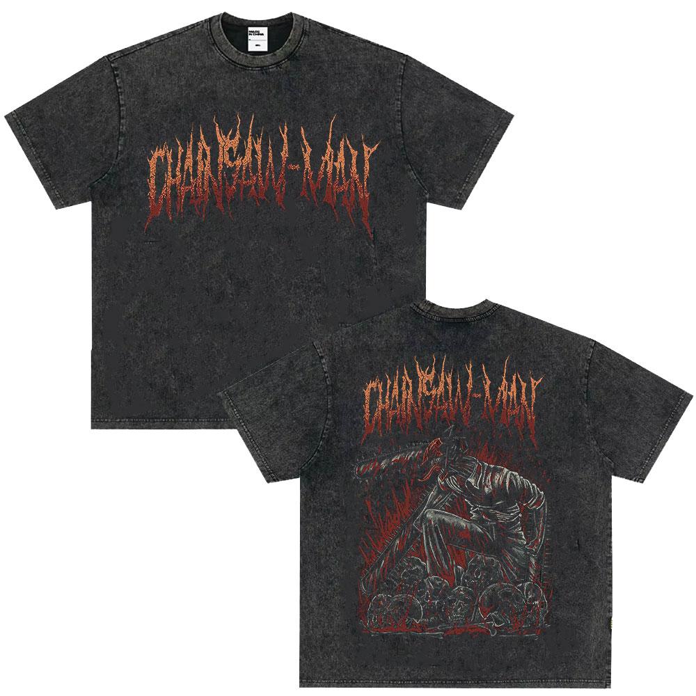 Japanese Anime Chainsaw Man Kobeni Metal Denji Tshirt Vintage Washed Manga Graphic T Shirts Unisex Couples Short Sleeve T Shirt