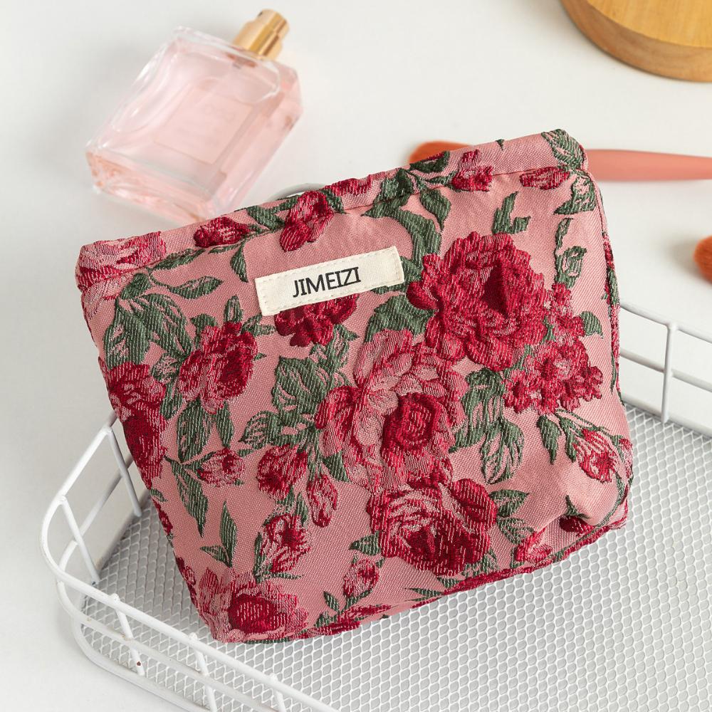 1pc Vintage Red Rose Makeup Bag Rose Pattern Makeup Bag Makeup Storage Bag Cute Daily Washing Bag