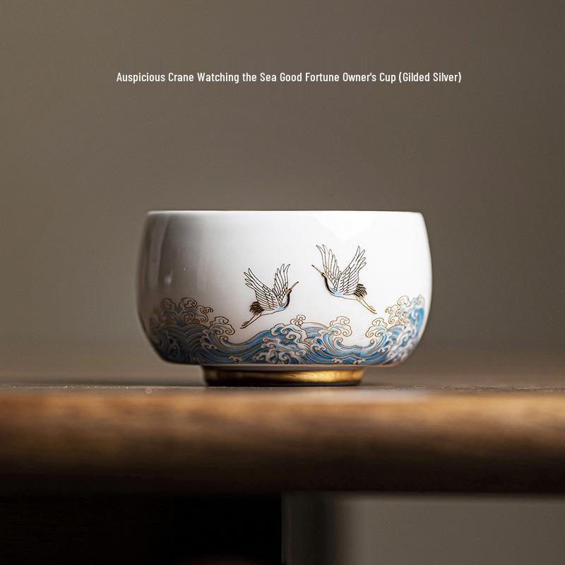 Gilt Ceramic Teacup - Mutton Fat Jade & Silver White Porcelain Kung Fu Tea Set