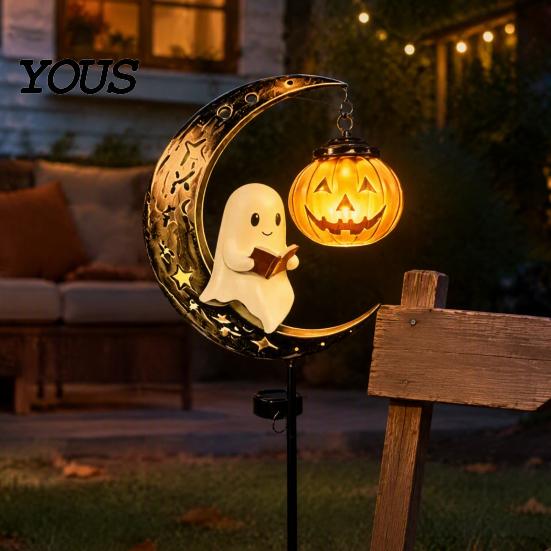 Festive Garden Stake Lights Solar Snowman/Ghost Moon Light, Waterproof Metal Sculpture, Decorative Iron Ground Insert Powered Lamp for Outdoor Pathway