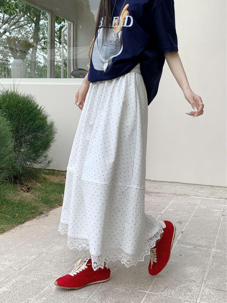 Plus Size Women's Korean Polka Dot Lace A-line Midi Skirt - High Waist Summer Style
