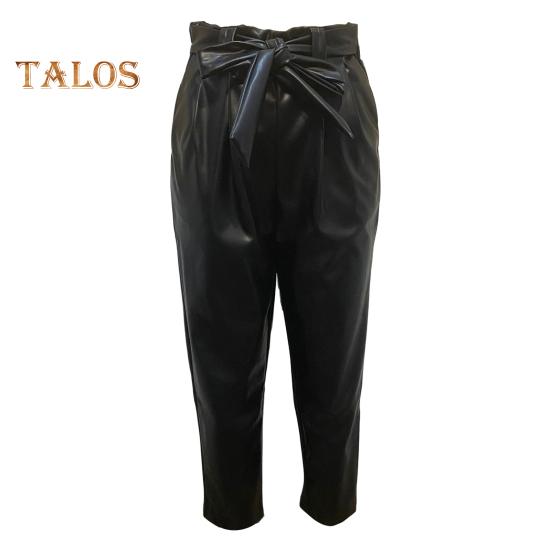 

Женские брюки, эластичные, с высокой талией, на шнуровке, из искусственной кожи, прямые, однотонные, повседневные, длинные брюки XL чёрный