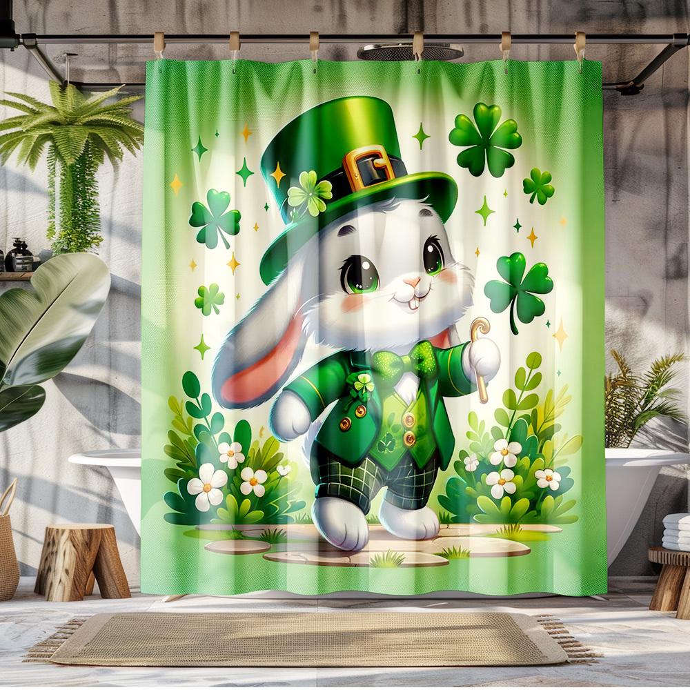 Waterproof Polyester Shower Curtain - Green Leprechaun Rabbit with Hat & Clover, St. Patrick's Day Decor, Machine Washable