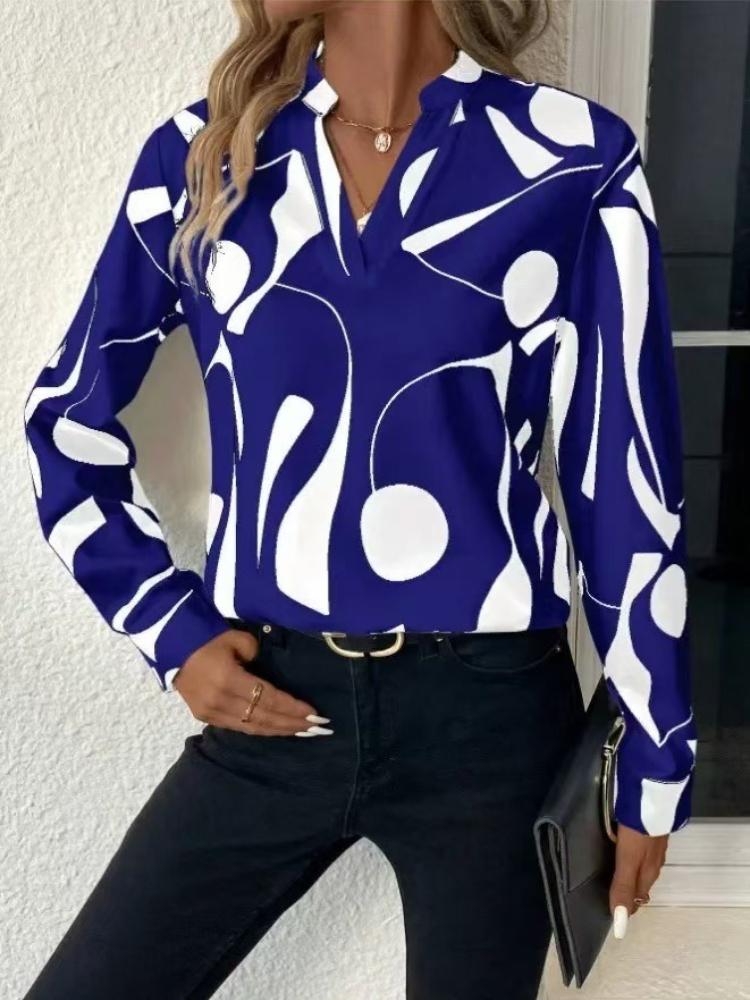 Women's V Neck Long Sleeve Loose Fit Blouse Abstract Pattern Casual Shirt