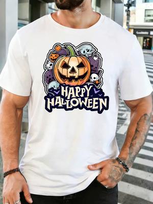 Happy Halloween Pumpkin Skull And Unisexs Front Print T Shirt Spooky Jack O Lantern Graphic Tee Casual Short Sleeve Top Party Gift