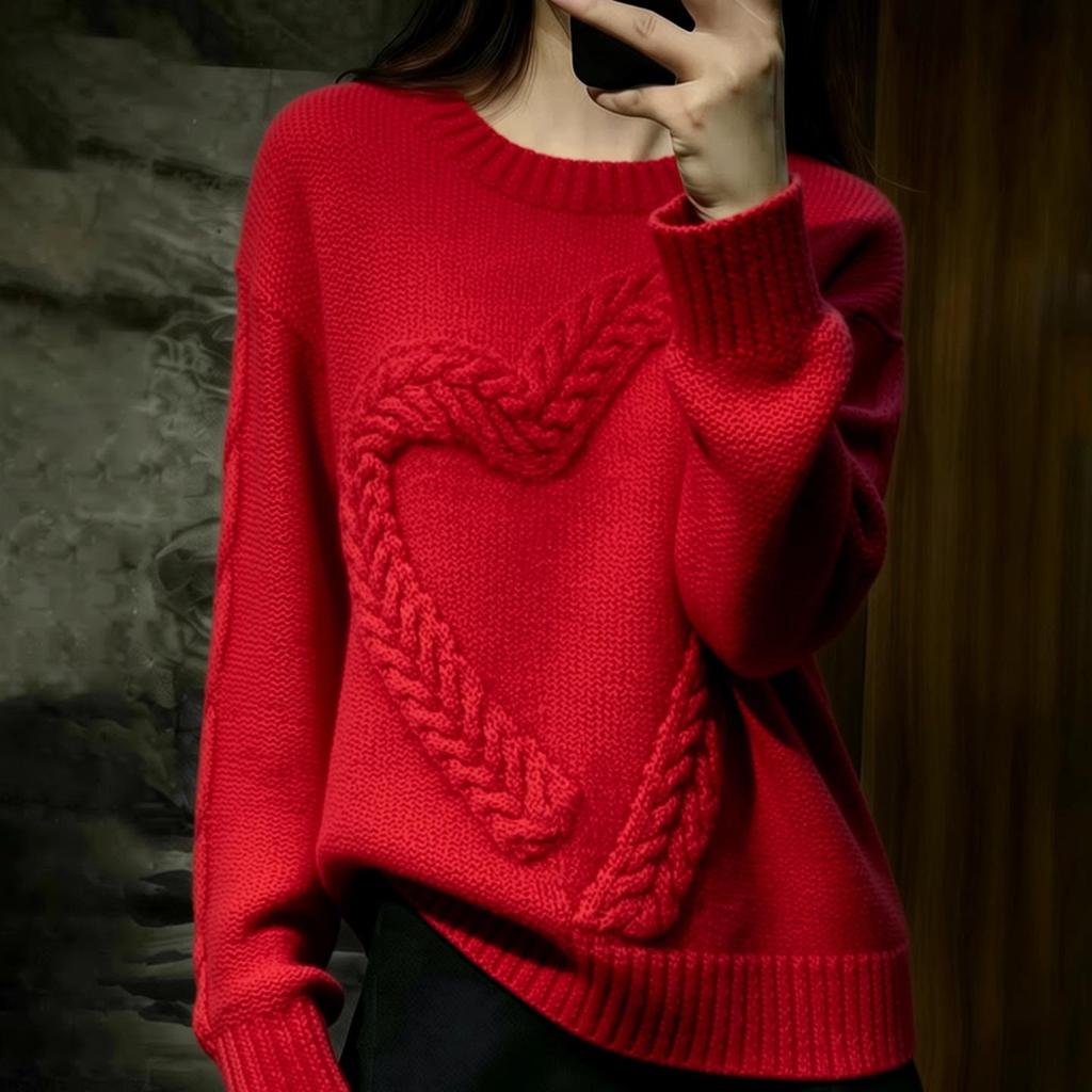 Red Heart Women's 100% Wool Heavy Cable Knit Round Neck Sweater - Thick and Loose, New Year Red, Autumn/Winter.