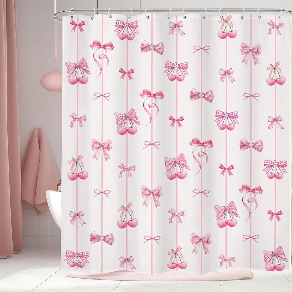 Pink Black Bow Shower Curtain Cherry Girly Preppy Modern Fruit Pretty Sweet Aesthetic for Girls Teens Cloth Fabric