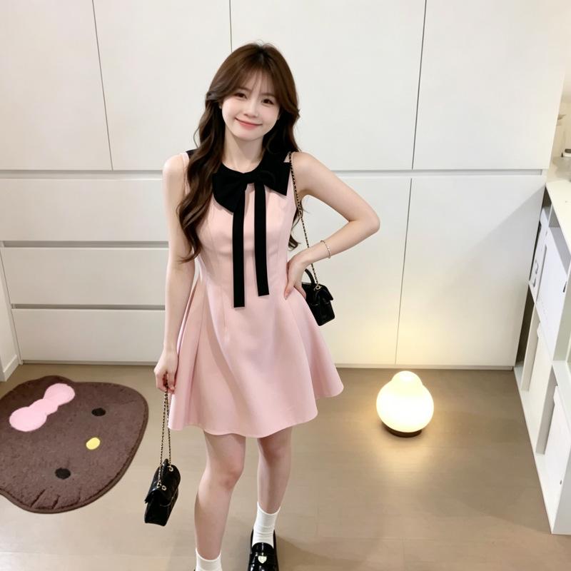 French Daughter Style Pink Dress Children's Sleeveless Neck Bow Short Skirt Princess Style Birthday Temperament Dress
