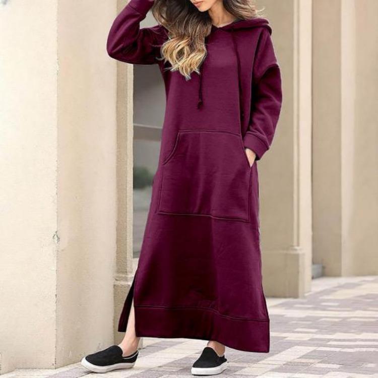 Women Sweatshirt Dress Hooded Solid Color Long Sleeve Front Drawstring Autumn Winter