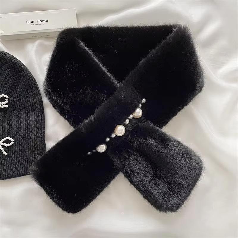 Damen Elegant Perle Plüsch Schal Einfarbig Kunstkaninchenfell Kreuzschal Snood JK Koreanische Mädchen Nackenwärmer Kragen Halstuch