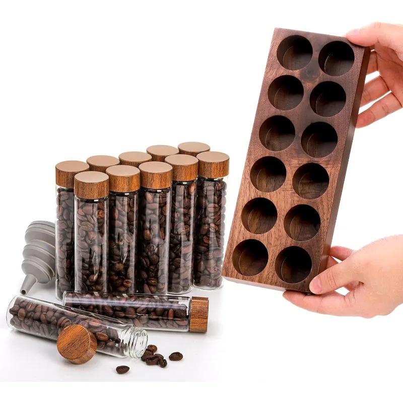 6/12 Single Dose Coffee Bean Storage Tubes with Wooden Base and Lids,Set,Espresso Bean Canisters Set Dosing Glass Vials Cellars,