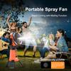 Camping spray fan, a portable fan with adjustable-height stand, powered by a 20,000mAh rechargeable battery, featuring remote control, LED light, 