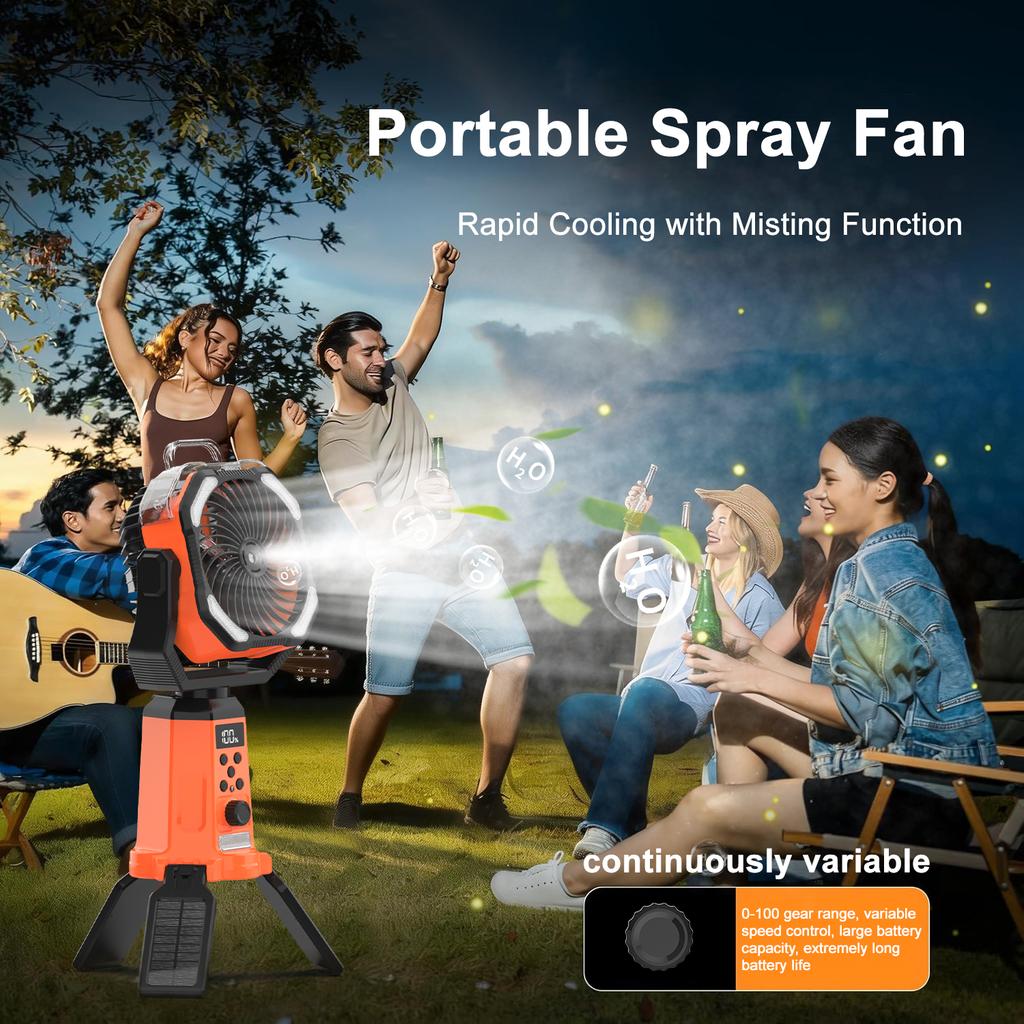 Camping spray fan, a portable fan with adjustable-height stand, powered by a 20,000mAh rechargeable battery, featuring remote control, LED light,