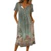 Women's Fashionable Retro Printed Round Neck Short Sleeved Button Neck Mid Length Casual Dress