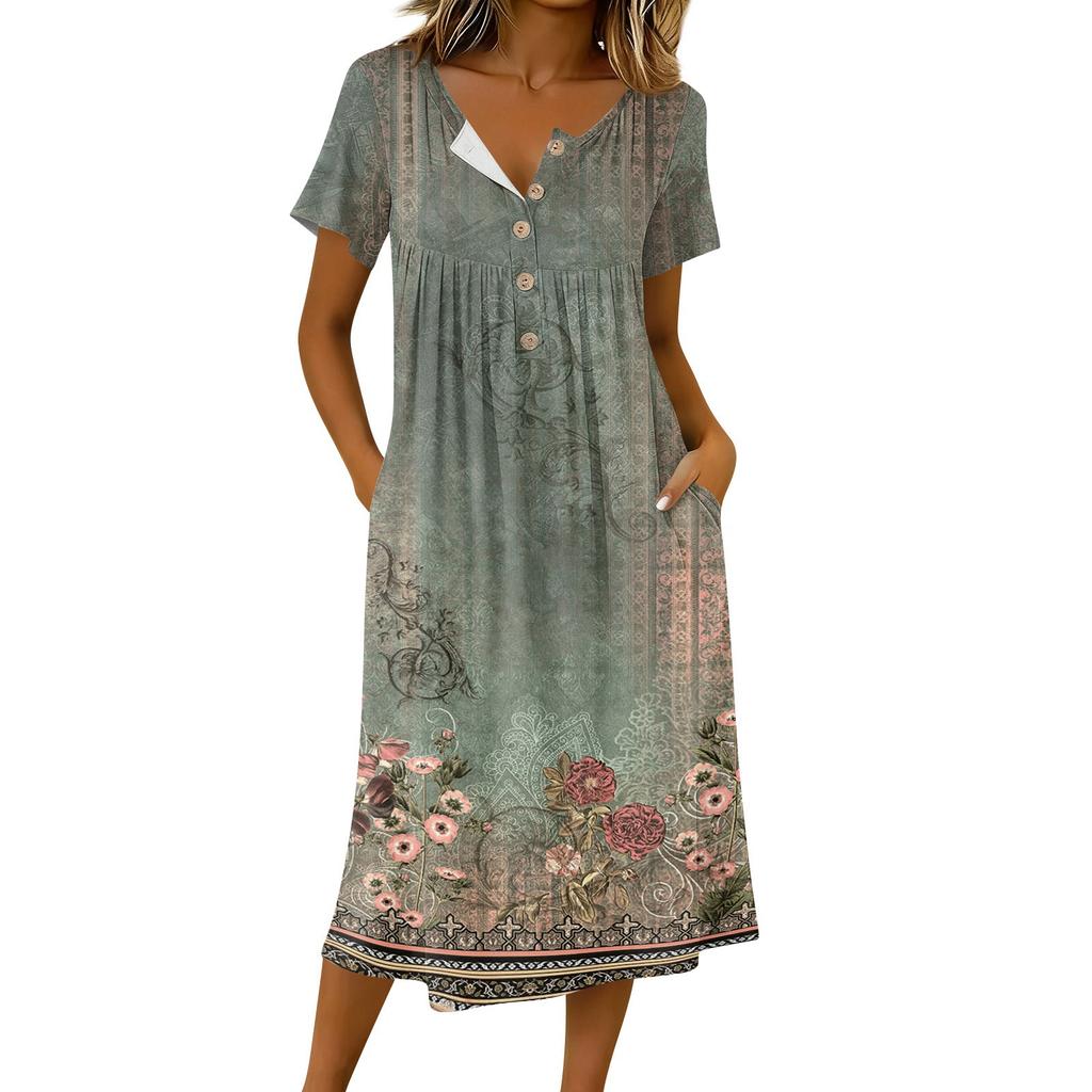 Women's Fashionable Retro Printed Round Neck Short Sleeved Button Neck Mid Length Casual Dress