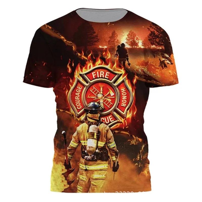 Firefighter Fire Simulation Drill Pattern 3D Print Cross-border New Men's Casual Short-Sleeve T-Shirt Factory Direct Sale