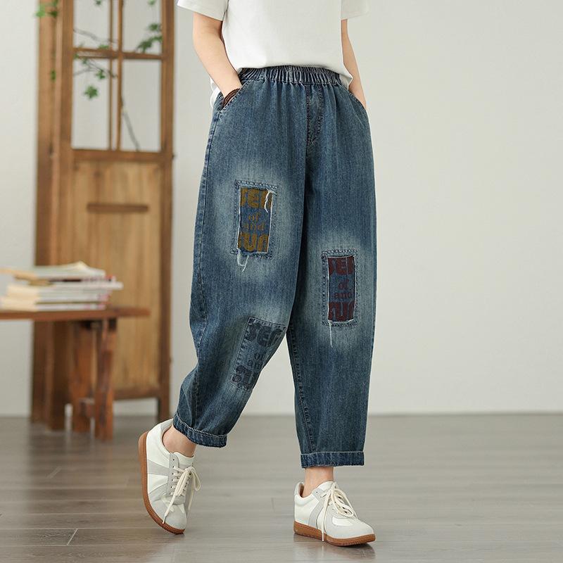 Vintage Style Patch Jeans Fashion Print Loose Summer Cropped Pants Female Casual High Waist Women Denim Pants 2025 New