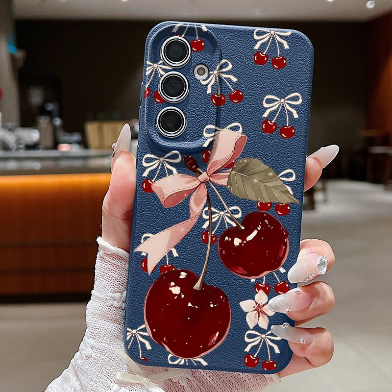 Cartoon Cherry Fruits Case For Samsung S26 Ultra S25 A18 S24 S23 S22 S21 FE A15 A16 A17 A35 A36 A37 A54 A55 A56 A57 Leather Texture Silicone Cover