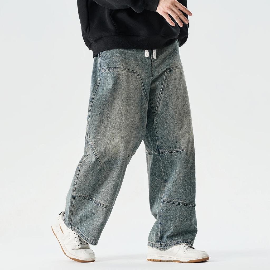 2026 Spring Men Black Denim Pants Men Vintage Elastic Waist Jeans Pants Male Hip Hop Wide Leg Pants Man Cotton Baggy Trousers