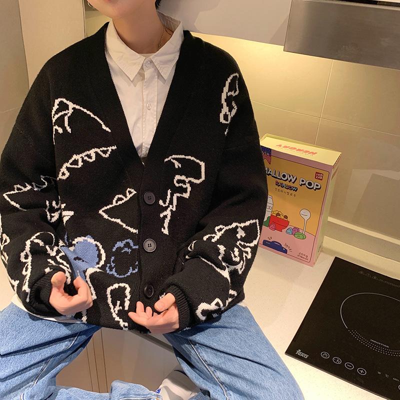 Herbst Oversize Strickjacke Herren Gestrickter Dinosaurier Pullover Streetwear Locker Herren Damen Mantel Doodle Hip Hop Muster Winter