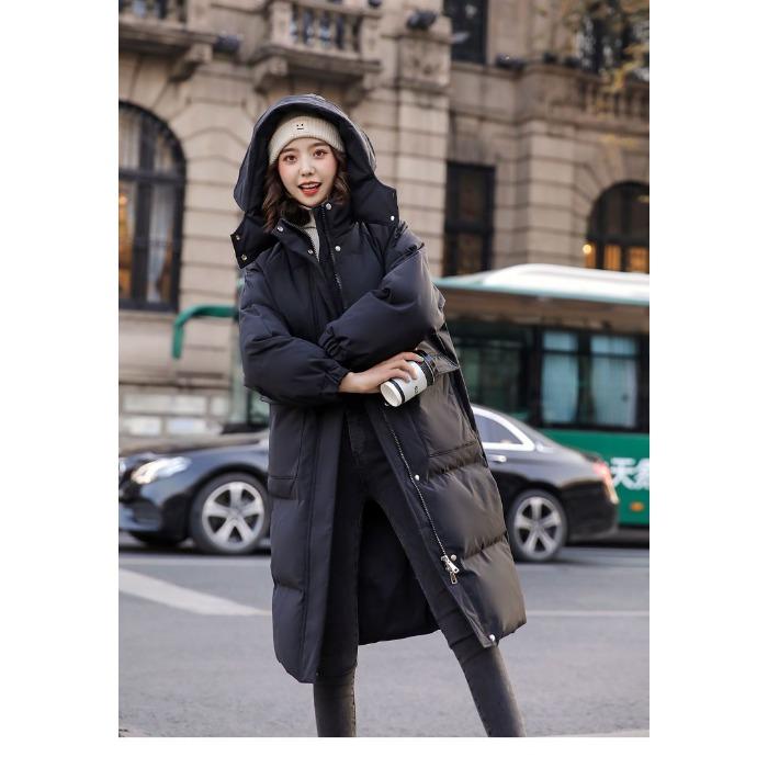 Løs vinterfrakk i dunbomull i koreansk stil for kvinner, mellomlang, tykk hettejakke