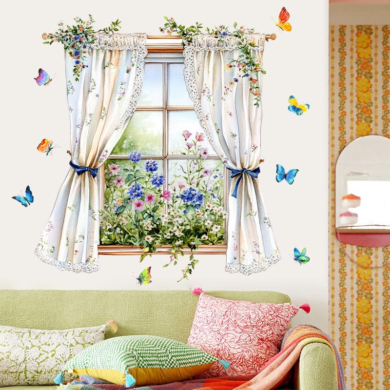 3D Fake Window Wall Sticker Self Adhesive Window Sill Flower Butterfly Decal for Living Room Bedroom Decoration Home Decor