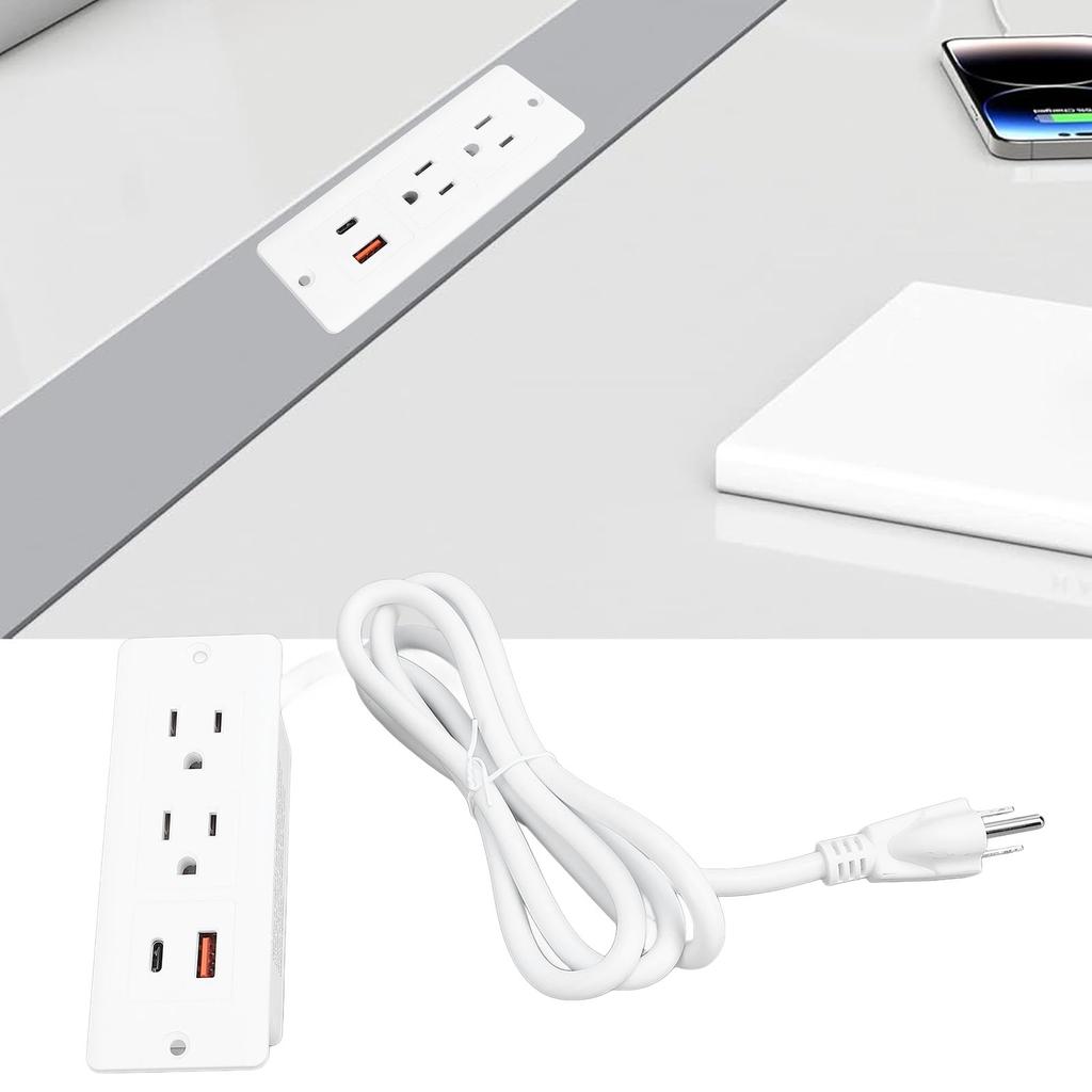 Recessed Power Strip 2 Outlets 1 USB C 1 USB A Ports Fast Charging Desk Outlet with 1.5m Cord for Furniture 12A
