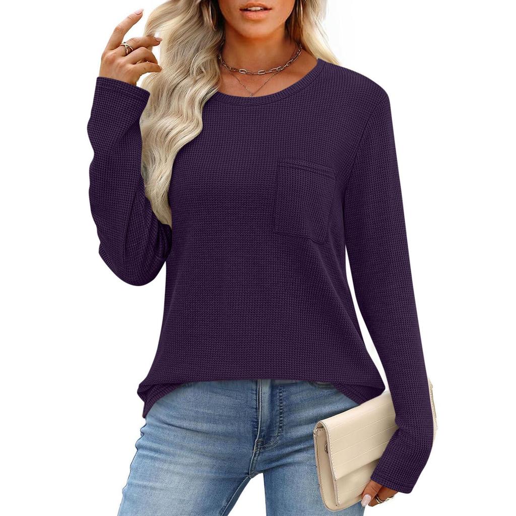 Women's European & American Style Long Sleeve Waffle Knit Top - Loose Fit Casual Pocket T-shirt