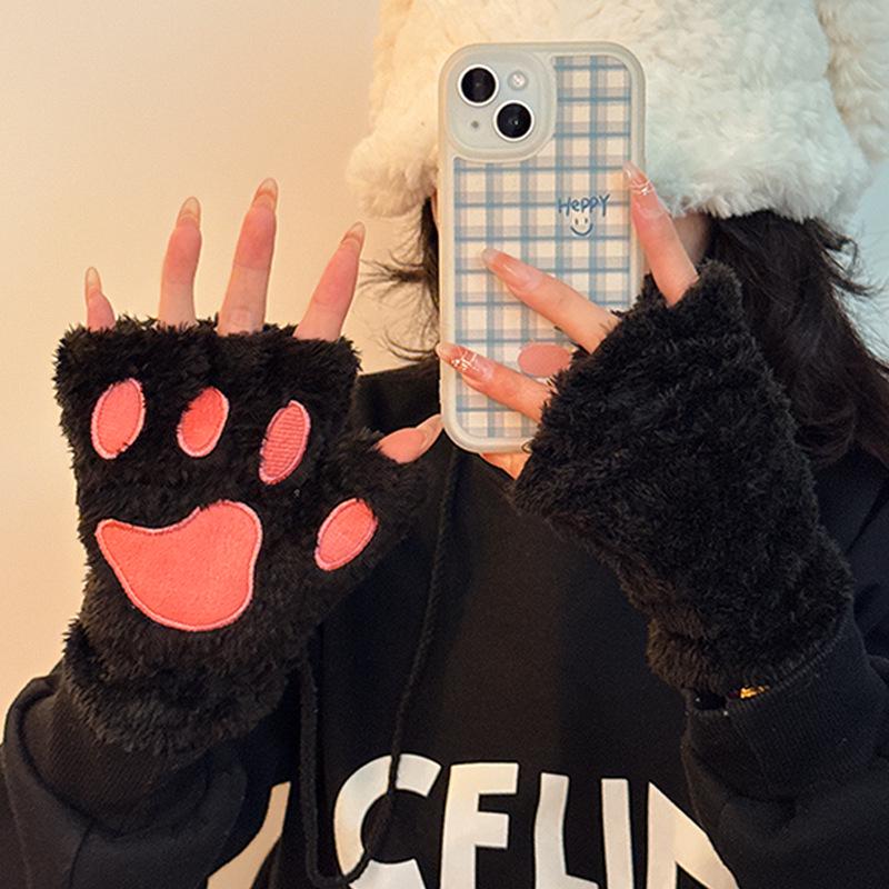 Guantes de Invierno Lindos de Dibujos Animados para Niña, con Felpa, Cortavientos, Cálidos, con Colgante para el Cuello de Oso/Huella de Gato