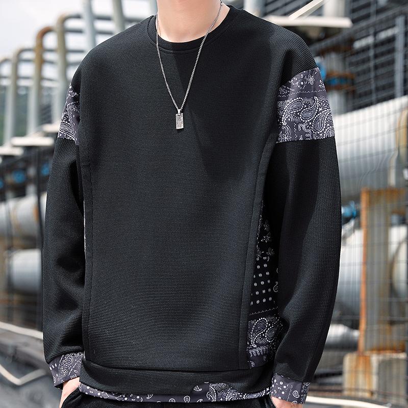 Waffle Fake Two-piece Men's Sweater Crew Neck Spring and Autumn Trendy Brand Cashew Flower Long Sleeve Design Sense Niche Clothes