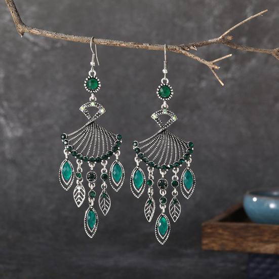 1 Pair Dangle Earrings Bohemian Retro Ethnic Style Long Tassel All-match Decoration Faux Crystal Women Hollow Fan-shaped Drop Earrings