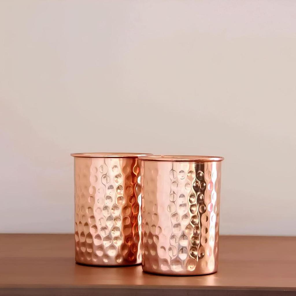 Pure Copper Hammered Tumbler 300ml | Ayurvedic Drinking Glass for Water | Traditional Handcrafted Copper Utensil – 2Pcs Set