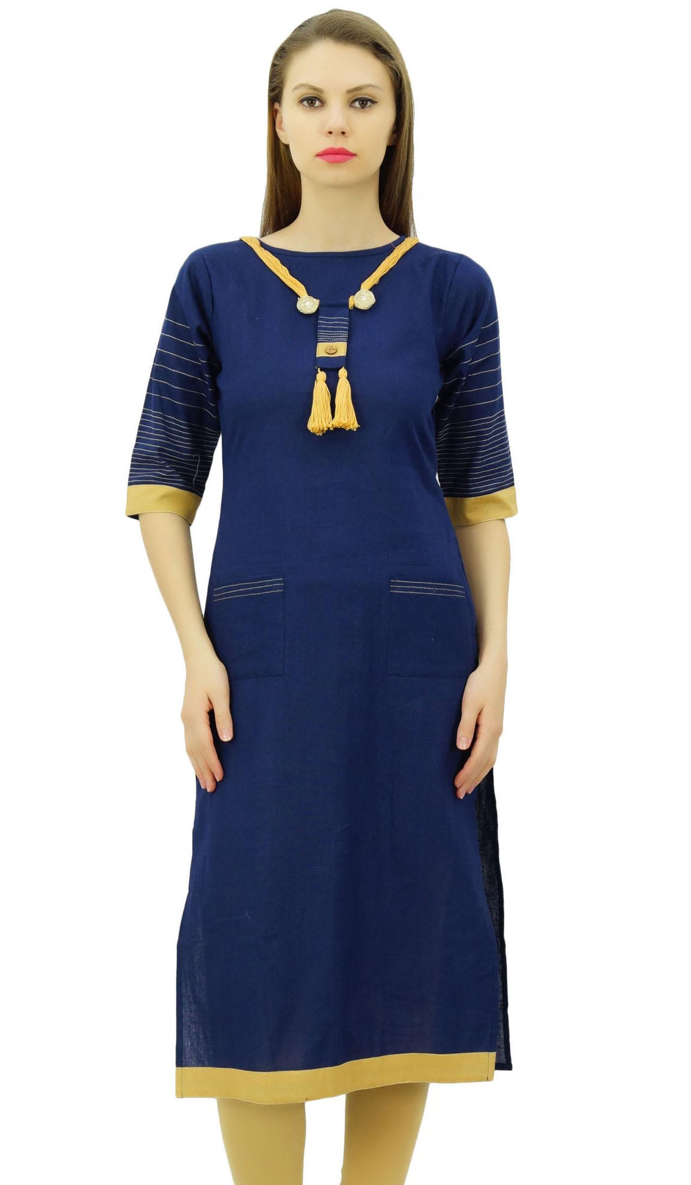 

Bimba Women s Khadi Cotton Tunic Chic Kurta Kurti With Handmade Necklace Attached 32 темно-синього кольору
