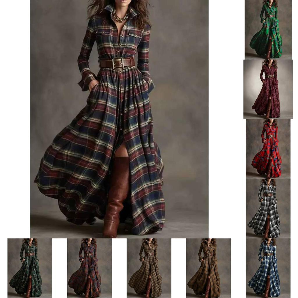 Vintage Plaid Long Sleeve Dress With Pockets For Autumn Fashion Enthusiasts