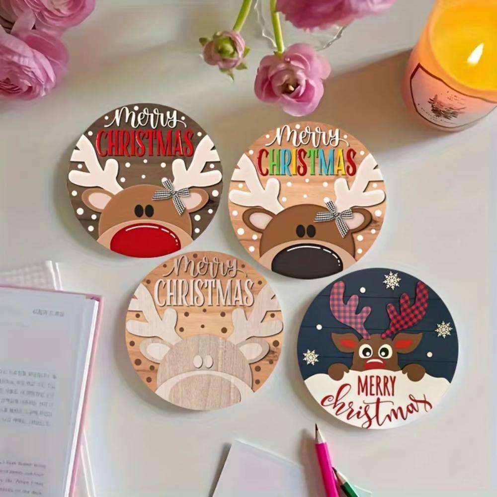 A Charming 6-piece Set of Wooden Christmas Coasters, Suitable for Round Design, Heat-resistant and Anti-slip - Ideal for Home De