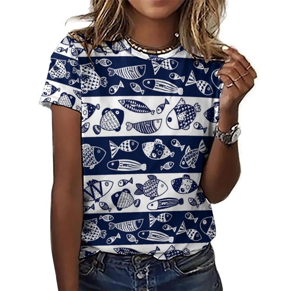 Women Summer Fashion Casual Short Sleeved Plus Size Cat Print T-shirt Casual Round Neck T-shirt Quick Drying and Breathable