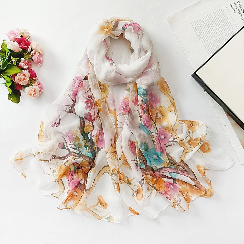 1Pc Scarves Thin Women Breathable Polyester Long Lady Shawl Chiffon Scarf Plum Blossom