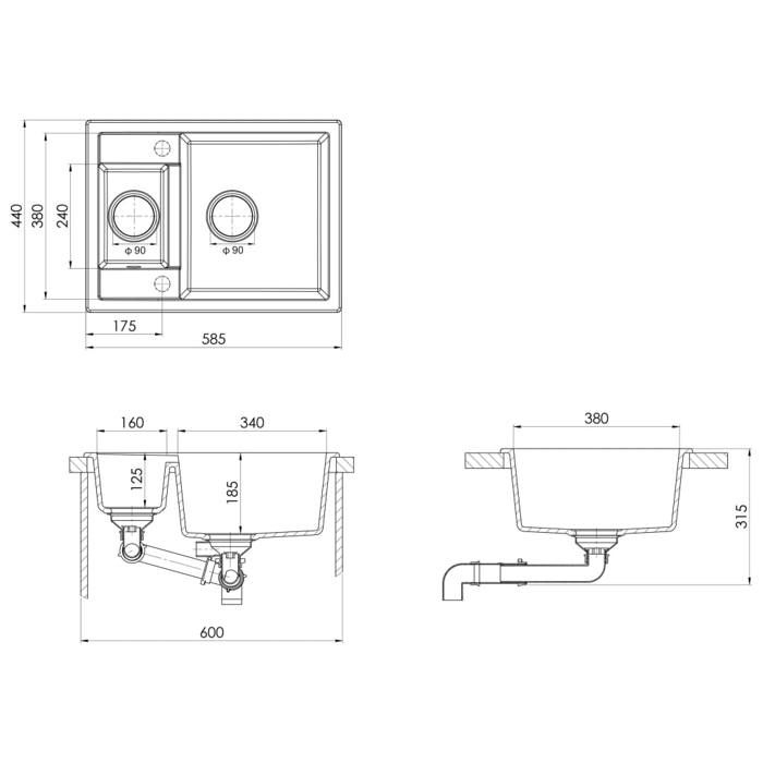 VidaXL Evier de Cuisine et Deux Lavabos Trou de Trop-plein Evier Encastré Décoration de Cuisine Lavabo Extra-profond Maison 147086