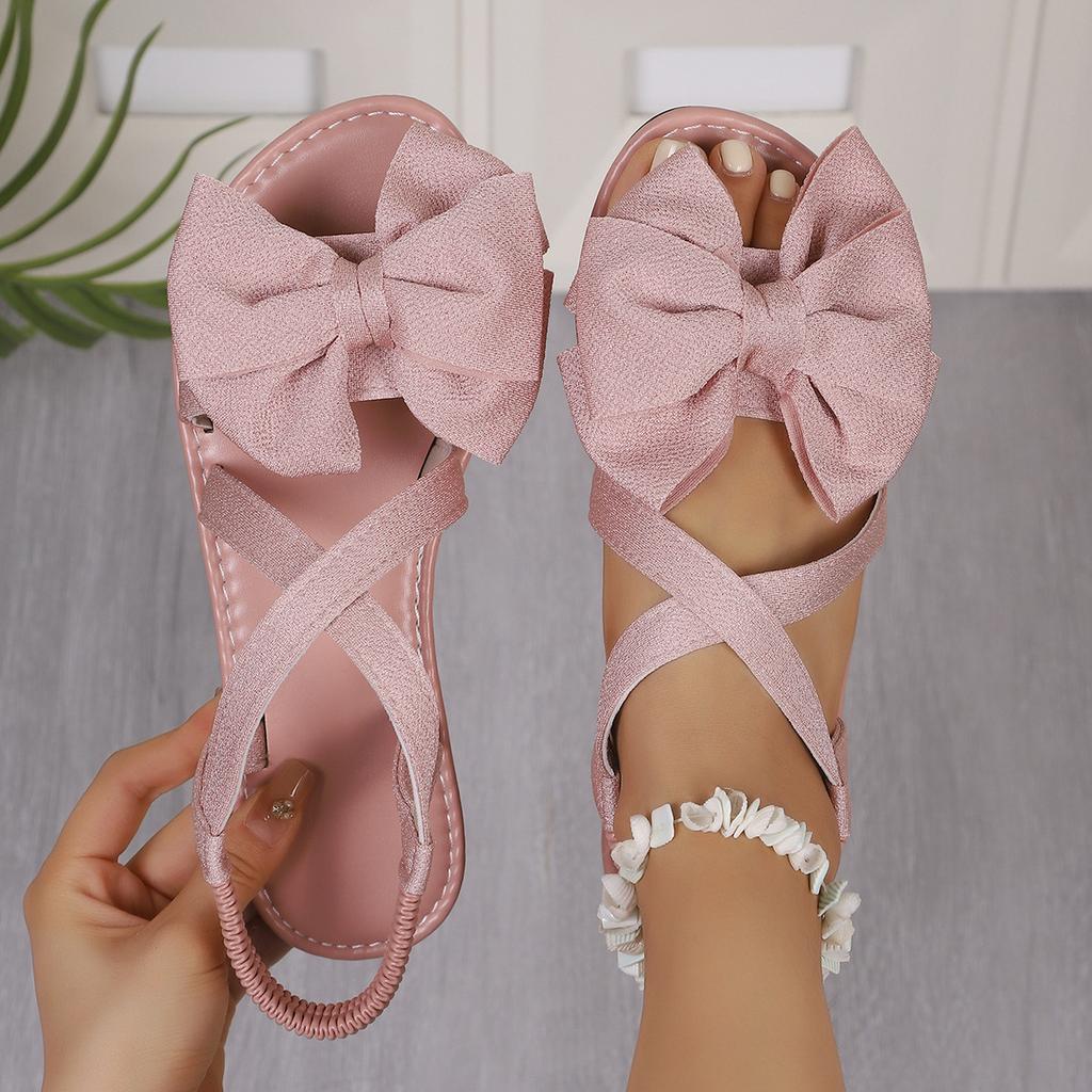 Cloth Sandals Women's Summer New Soft-soled Bow Flat Heel One-word Sandals Fashion Wear Sweet Sandals