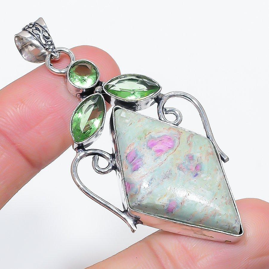 Natural Ruby Fuchsite, Tsavorite 925 Sterling Silver Jewelry Pendant 2.56" p3w59